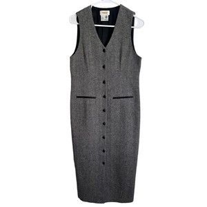 Vintage Talbots Button Front Sleeveless Wool Mark Dress Herringbone Women's 4P